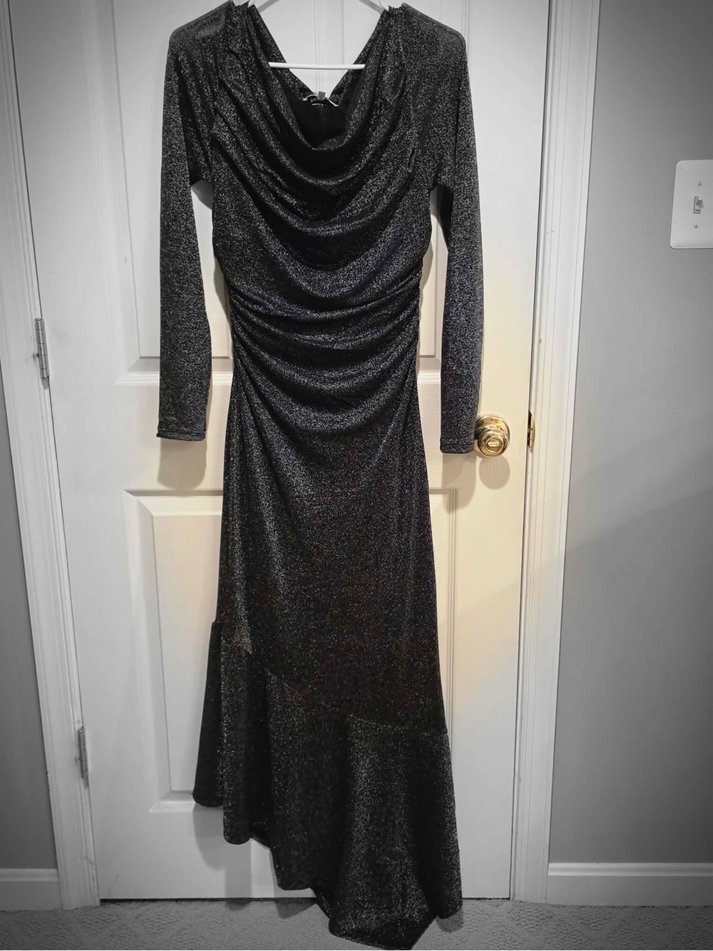 Popilush Shapewear Black Sparkle Long-Sleeve Draped Evening Dress M NWT